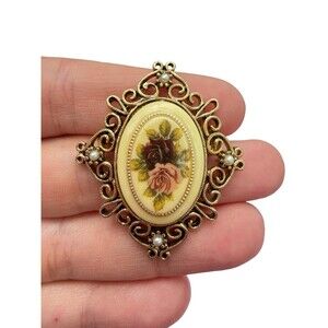 Vintage Gorgeous Victorian Filigree Brooch With Roses Floral Acrylic Cabochon Ce